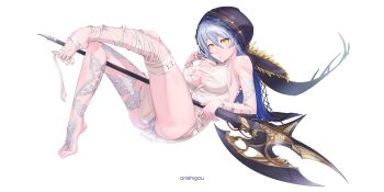 1girl absurdres artist_name ass bandages bare_shoulders breasts cleavage code_vein commentary dress female_focus hair_between_eyes highres holding holding_weapon huge_filesize incredibly_absurdres io_(code_vein) jewelry large_breasts looking_at_viewer necklace onshigou open_mouth short_hair silver_hair solo torn_clothes weapon yellow_eyes