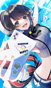 1girl :d armpits back_bow belt black_bow black_bowtie black_hair blue_eyes blue_shorts bow bowtie brooch clothing_cutout commentary_request cowboy_shot cropped_shirt day emutakanoe foreshortening grey_hat grey_shirt hat high_collar highres hip_vent holding holding_phone hololive jewelry large_bow light_rays looking_at_viewer midriff official_alternate_costume oozora_subaru oozora_subaru_(suspenders) open_mouth outdoors outstretched_arm panties panty_peek phone pinstripe_pattern pinstripe_shirt sailor_hat shirt short_hair shorts sleeveless sleeveless_shirt smile solo star_brooch sticker sunbeam sunlight suspender_shorts suspenders swept_bangs underwear virtual_youtuber white_belt