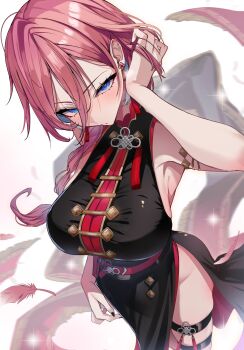 1girl armlet black_dress blue_eyes blush breasts closed_mouth dress earrings feathers flower_earrings groin hair_between_eyes highres hololive jewelry large_breasts long_hair looking_at_viewer omoti_(1201208) pink_hair simple_background solo takane_lui takane_lui_(china_dress) tassel thigh_strap thighs virtual_youtuber white_background