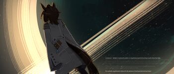 1girl absurdres agnes_tachyon_(tach-nology)_(umamusume) agnes_tachyon_(umamusume) animal_ears back black_hole brown_hair english_text from_behind gravitational_lens highres horse_ears horse_girl horse_tail lab_coat long_sleeves medium_hair shuuko_(s_h_uuko) sleeves_past_fingers sleeves_past_wrists solo space tail test_tube test_tube_holster umamusume wikipedia