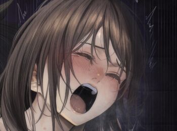 1boy 1girl black_hair blush closed_eyes commentary_request cropped izawa_(bhive003) kono_subarashii_sekai_ni_shukufuku_wo! motion_lines open_mouth paid_reward_available portrait satou_kazuma tearing_up twitching yunyun_(konosuba)