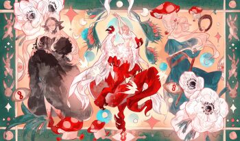 Rule 34 | 2girls, arms up, bare shoulders, black dress, black hat, blonde hair, blood, blood on feet, breasts, dress, dungeon meshi, falin touden, falin touden (chimera), feathered wings, flower, hai wan wan wan, hat, highres, holding, holding staff, long dress, long hair, marcille donato, marcille donato (lord), medium breasts, midriff, monster girl, multiple girls, multiple views, mushroom, plant, rabbit, short hair, sidelocks, sparkle, staff, talons, underboob, venus flytrap, white flower, white wings, wings