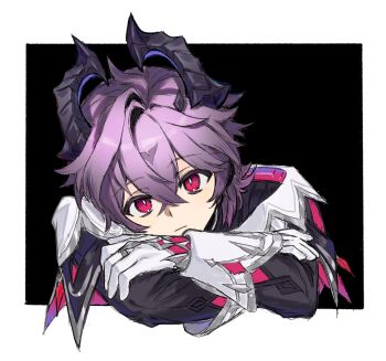 1boy black_horns commentary crossed_arms dragon_boy dragon_horns genshin_impact gloves hair_between_eyes hashtag-only_commentary highres horns long_sleeves looking_at_viewer male_focus mini_durin_(genshin_impact) mini_durin_(human)_(genshin_impact) purple_hair red_eyes spiked_horns two-sided_horns white_gloves zx277x
