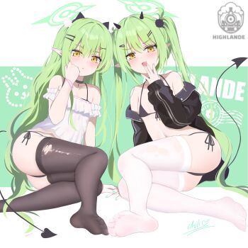 2girls absurdres alternate_costume bikini black_bikini black_choker black_horns black_jacket black_tail black_thighhighs blue_archive blush breasts choker commentary_request covering_own_mouth demon_girl demon_horns demon_tail fang feet fingernails frilled_shirt frills green_hair green_halo green_nails hair_between_eyes hair_ornament hairclip halo hand_over_own_mouth hand_up highlander_railway_academy_logo highres hikari_(blue_archive) horns jacket loli long_hair long_sidelocks long_sleeves looking_at_viewer multiple_girls nail_polish navel no_shoes nozomi_(blue_archive) off-shoulder_shirt off_shoulder open_clothes open_jacket open_mouth pointy_ears shirt siblings sichuan_luo_li side-tie_bikini_bottom sidelocks sisters small_breasts soles straight_hair swimsuit tail thighhighs toes torn_clothes torn_thighhighs triangle_mouth twins twintails very_long_hair white_shirt white_thighhighs yellow_eyes