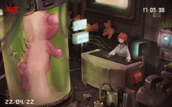 1girl braid commentary_request dated indoors kuronouka laboratory long_hair long_sleeves monitor original recording red_hair screen_light solo stasis_tank stuffed_animal stuffed_toy teddy_bear twin_braids viewfinder