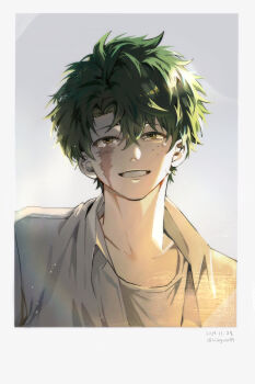 1boy absurdres boku_no_hero_academia collared_shirt commentary_request crying dated freckles green_eyes green_hair grin hair_between_eyes highres kingxxxx715 looking_at_viewer male_focus midoriya_izuku polaroid_photo scar scar_on_face shirt short_hair smile solo tears twitter_username white_shirt
