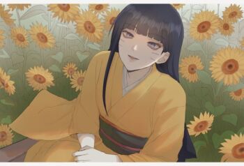 1girl black_hair blue_eyes blunt_bangs boruto:_two_blue_vortex facial_mark field flower flower_field from_above ifevilwhyuhot japanese_clothes kimono long_hair naruto_(series) obi sash sitting solo sunflower sunflower_field uzumaki_himawari whisker_markings yellow_kimono