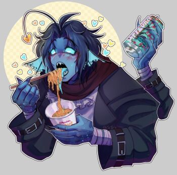 1boy absurdres anglerfish_boy arizona_(drink) bandaged_arm bandages belt black_coat black_hair blush can chopsticks coat drink_can eating fingernails fins frills head_fins heart heart-shaped_pupils highres holding holding_can holding_chopsticks instant_cup_noodles instant_noodles instant_ramen long_fingernails male_focus maruchan_akai_kitsune_udon outline portrait pressure_(roblox) red_scarf scar scar_on_hand scarf sebastian_solace sharp_teeth short_hair solo sun_behind_head symbol-shaped_pupils teeth tongue tongue_out txtrix white_outline