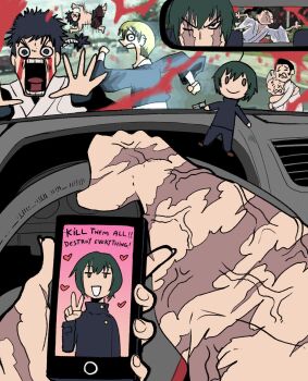 2girls 6+boys blood car_interior cellphone chad_driver_(meme) character_charm charm_(object) commentary driving english_commentary female_pov heart highres imminent_collision jujutsu_kaisen meme multiple_boys multiple_girls muscular muscular_female phone pov rear-view_mirror right-hand_drive running scar scar_on_arm scar_on_face scared smartphone steering_wheel v vehicle_interior veins veiny_arms wanderjegson zen'in_chojuro zen'in_jinichi zen'in_mai zen'in_maki zen'in_naoya zen'in_nobuaki zen'in_ogi zen'in_ranta