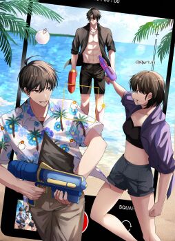 1girl 2boys abs absurdres beach biyoo_(omniscient_reader&#039;s_viewpoint) black_hair black_shorts caustics day denim denim_shorts floral_print han_sooyoung hawaiian_shirt highres holding holding_water_gun hood hood_down horizon jacket kim_dokja multiple_boys muscular muscular_male omniscient_reader&#039;s_viewpoint open_clothes open_shirt outdoors palm_tree phone purple_jacket qxt7_ft shirt short_hair shorts sleeves_rolled_up sports_bra stomach through_medium through_screen tree water_gun yoo_joonghyuk