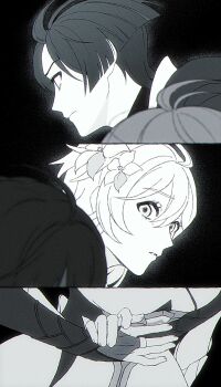 1boy 1girl absurdres arm_around_waist armor black_background blunt_ends bridal_gauntlets commentary_request corset dress eyelashes flower genshin_impact greyscale hair_flower hair_ornament hand_on_another's_hand hand_on_another's_stomach highres japanese_armor kote looking_at_another looking_to_the_side lumine_(genshin_impact) middle_ring monochrome nararan_116 parted_lips scaramouche_(genshin_impact) scene_reference short_hair spoilers wanderer_(genshin_impact)