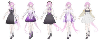 1girl absurdres alternate_costume artist_collaboration bare_shoulders black_dress black_hat black_skirt blue_eyes breasts brown_jacket cleavage commentary dress elysia_(honkai_impact) english_commentary hat highres honkai_(series) honkai_impact_3rd jacket large_breasts long_hair looking_at_viewer multiple_views pink_hair pointy_ears purple_dress reference_sheet sang_sha shirt simple_background sketch skirt very_long_hair white_background white_dress white_shirt zelian