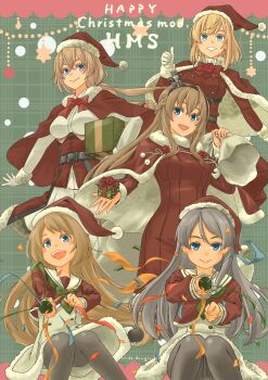5girls absurdres adapted_costume alternate_costume black_pantyhose blonde_hair blue_eyes braid breasts capelet commentary_request crown dress feet_out_of_frame full_body fur-trimmed_capelet fur-trimmed_dress fur-trimmed_headwear fur_trim gloves grey_hair grey_jacket grey_skirt grey_thighhighs grin hair_between_eyes half_up_braid hat highres jacket javelin_(kancolle) jervis_(kancolle) kantai_collection long_hair medium_breasts military_uniform mini_crown multiple_girls official_alternate_costume panties panties_under_pantyhose pantyhose party_popper pot-de red_capelet red_dress red_hat red_jacket rodney_(kancolle) sailor_collar sailor_dress santa_hat short_hair skirt smile thighhighs underwear valiant_(kancolle) warspite_(christmas)_(kancolle) warspite_(kancolle) white_dress white_gloves white_sailor_collar