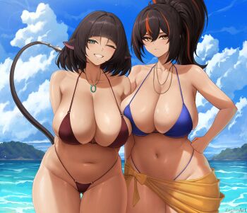 2girls absurdres alternate_costume animal_ears bikini black_hair blue_bikini blush breasts cleavage closed_mouth collarbone commentary day green_eyes hair_between_eyes hand_on_own_hip highres huge_breasts jane_doe_(zenless_zone_zero) jewelry long_hair looking_at_viewer mouse_ears mouse_girl mouse_tail multicolored_hair multiple_girls navel necklace one_eye_closed orange_eyes orange_hair outdoors paid_reward_available ponytail red_bikini smile stomach streaked_hair swimsuit tail zaphn zenless_zone_zero zhu_yuan