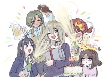 5girls ahoge awa_subaru beer_mug birthday_cake black_choker black_hair black_shirt blue_jacket blush bottle brown_hair cake choker closed_mouth commentary cup ebizuka_tomo food girls_band_cry grey_hair highres holding holding_cup iseri_nina jacket kawaragi_momoka long_hair low_twintails mole mole_under_eye mug multiple_girls open_mouth parted_bangs pink_eyes pink_shirt pouring purple_eyes rupa_(girls_band_cry) shirt short_hair short_twintails sidelocks togenashi_togeari tomare_(akashingou) twintails