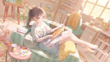 1girl barefoot bloom_festival_(project_sekai) blue_skirt blurry bokeh book brown_eyes brown_hair canvas_(object) cellphone charger closed_mouth colorful_palette cosmetics depth_of_field desk_lamp drawing_tablet drinking_straw easel flower full_body game_cg glasses heart highres lamp musical_note nail_polish_bottle official_alternate_costume official_alternate_hairstyle official_art orange_flower paint_palette paint_splatter paint_tube pen pen_holder phone plant ponytail potted_plant project_sekai shinonome_ena shirt skirt smile solo table third-party_source white_flower white_shirt window yellow-framed_eyewear