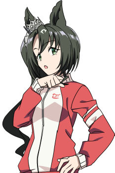 1girl absurdres animal_ears baasaku_(balasaku24) black_hair breasts crown_ornament ear_ornament ear_through_crown green_eyes hair_between_eyes highres horse_ears horse_girl jacket long_hair long_sleeves looking_at_viewer multicolored_hair open_mouth red_jacket satono_crown_(umamusume) side_ponytail simple_background solo streaked_hair tracen_training_uniform track_jacket umamusume upper_body white_background white_hair