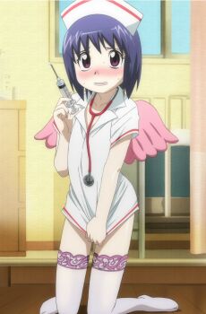 1girl absurdres anime_screenshot blush cosplay female_focus highres kamisama_dolls kneeling kuga_utao mini_wings nurse purple_eyes purple_hair shirt_tug short_hair solo stethoscope syringe thighhighs wings