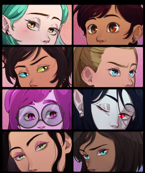 adora_(she-ra) adventure_time amity_blight animal_ears asami_sato avatar_legends black_hair blue_sclera brown_eyes brown_hair cat_ears cat_girl catra colored_sclera colored_skin couple crossover dark-skinned_female dark_skin ear_piercing earrings eye_contact freckles glasses green_eyes green_sclera grey_skin heterochromia highres jewelry korra light_blush long_hair looking_at_another luz_noceda marceline_abadeer multiple_crossover omy-chan one_eye_closed piercing pink_background pink_hair pink_skin pointy_ears princess_bonnibel_bubblegum purple_background raised_eyebrow raised_eyebrows red_eyes she-ra_and_the_princesses_of_power short_hair the_legend_of_korra the_owl_house yuri