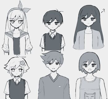 2girls 4boys :d ? antenna_hair arms_at_sides aubrey_(faraway)_(omori) aubrey_(omori) basil_(faraway)_(omori) basil_(omori) bow_hairband bright_pupils brother_and_sister brothers closed_mouth collarbone collared_shirt commentary_request cropped_torso double-parted_bangs expressionless flower frown grey_background greyscale hair_behind_ear hair_between_eyes hair_flower hair_ornament hairband hero_(faraway)_(omori) hero_(omori) highres jacket kel_(faraway)_(omori) kel_(omori) long_hair long_sleeves looking_at_viewer mari_(faraway)_(omori) mari_(omori) monochrome multiple_boys multiple_girls omori open_clothes open_jacket open_mouth raised_inner_eyebrows sailor_collar shirt short-sleeved_jacket short_hair short_sleeves siblings simple_background smile straight-on straight_hair sunny_(omori) sweater sweater_vest tank_top true_erg tsurime upper_body v-neck very_long_hair very_short_hair