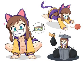 !? 1girl a_hat_in_time all_fours animal_ears bottomless brown_hair cat_ears cat_tail collarbone fake_animal_ears fake_tail flat_chest green_eyes hat_kid heart in_container in_trash_can jacket loli long_hair long_sleeves looking_at_viewer mask mouth_mask olivaoil ponytail purple_jacket pussy sidelocks simple_background squatting tail trash_bag trash_can uncensored white_background yarn yarn_ball
