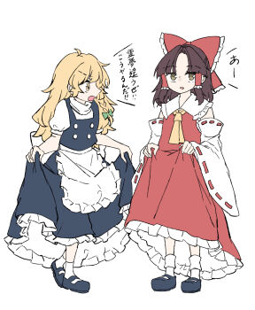 2girls ascot black_shoes blonde_hair bow braid brown_eyes brown_hair commentary_request curtsey deetamu detached_sleeves frilled_bow frilled_hair_tubes frilled_skirt frills green_bow hair_bow hair_tubes hakurei_reimu highres kirisame_marisa long_hair looking_at_viewer mary_janes multiple_girls no_headwear open_mouth red_bow red_skirt ribbon-trimmed_sleeves ribbon_trim shoes side_braid simple_background single_braid skirt skirt_hold skirt_set socks touhou translation_request white_background white_socks yellow_ascot yellow_eyes