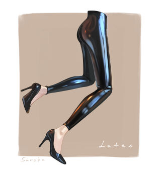 1other absurdres artist_name ass black_leggings black_shoes border commentary english_commentary feet high_heels highres latex latex_legwear leggings legs legs_up lower_body original pale_skin saraka_su shoes signature simple_background solo thighs