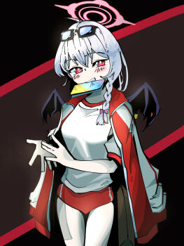 Rule 34 | 1girl, ahoge, blue archive, blush, bow, braid, breasts, buruma, cowboy shot, eyewear on head, geonbanmaen, grin, gym uniform, hair bow, halo, haruna (blue archive), haruna (track) (blue archive), highres, jacket, jacket on shoulders, long hair, looking at viewer, mouth hold, pamphlet, red buruma, red eyes, shirt, single braid, small breasts, smile, solo, standing, sunglasses, teeth hold, track jacket, white hair, white shirt, wings