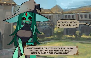 1girl absurdres bare_shoulders basedbinkie black_dress black_hat black_sclera blush breasts chivalry_starved colored_sclera colored_skin cowboy_shot dress english_text green_hair green_skin hat highres hope_(basedbinkie) large_breasts long_hair looking_at_viewer monster_girl open_mouth pelvic_curtain red_eyes slit_pupils smile solo speech_bubble third_eye user_interface very_long_hair video_game_dialogue_box visual_novel witch_hat
