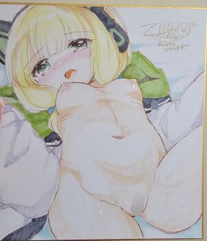 1girl animal_ear_headphones animal_ears blonde_hair blue_archive blur_censor blush breasts censored fake_animal_ears green_eyes groin headphones highres hood hood_down hooded_jacket jacket kuriyuzu_kuryuu long_sleeves midori_(blue_archive) navel nipples nose_blush open_clothes open_jacket open_mouth photo_(medium) shikishi signature small_breasts solo traditional_media white_jacket