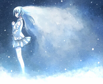 1girl aqua_eyes aqua_hair bad_id bad_pixiv_id detached_sleeves female_focus hatsune_miku headset long_hair necktie outdoors own_hands_clasped own_hands_together skirt sky snow solo steam vapor very_long_hair vocaloid yakka yuki_miku