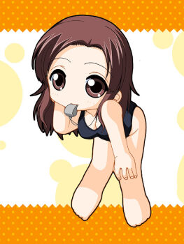 abstract_background ben-day_dots black_one-piece_swimsuit breasts brown_eyes brown_hair chibi chibi_inset cleavage collarbone curtained_hair fingernails forehead hair_intakes hand_on_own_knee kawada_tomoko keito_(keito-ya) kimi_kiss knees_together_feet_apart medium_breasts no_nose one-piece_swimsuit screentones solid_circle_pupils swimsuit wavy_hair whistle whistle_around_neck