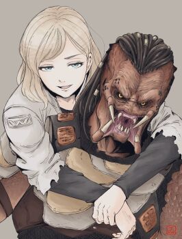 1boy 1girl alien bifurcated_jaw black_hair black_sclera blonde_hair blue_eyes broken_tooth colored_sclera commentary dek_(predator) dreadlocks english_commentary fangs glaring hug hug_from_behind jacket jaw kinoshita_itaru mandibles predator:_badlands predator_(series) sharp_teeth smile teeth thia_(predator) torn_clothes torn_sleeves upper_body yellow_eyes