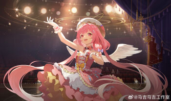 1girl :d absurdres ahoge angel_wings arm_up back_bow bare_shoulders beret black_bow black_bowtie blurry blurry_background bow bowtie breasts cella collar cowboy_shot curtains dress dress_bow feathered_wings fold-over_gloves frilled_dress frilled_gloves frills gloves hair_bow hair_intakes hair_ornament hairclip hand_on_own_chest hat higan:_eruthyll highres layered_dress long_hair low-tied_sidelocks low_twintails majimaji_studio medium_dress multicolored_dress music open_mouth orange_bow people petticoat pink_bow pink_collar pink_dress pink_eyes pink_hair sidelocks singing small_breasts smile solo stage stage_curtains stage_lights star_(symbol) star_hair_ornament strapless strapless_dress tassel theater theater_seating twintails very_long_hair waist_bow watermark weibo_watermark white_dress white_gloves white_hat white_wings wings yellow_dress