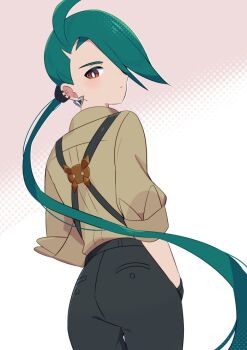 1girl ahoge androgynous ass asymmetrical_bangs black_gloves black_pants bright_pupils collared_shirt ear_piercing earrings flat_ass gloves green_hair grey_shirt jewelry nintendo pants piercing pokemon pokemon_sv ponytail red_eyes reverse_trap rika_(pokemon) riki_(inushima_) shirt solo suspenders triangle_earrings white_pupils