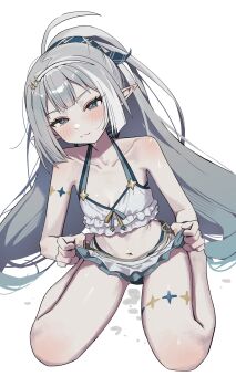 1girl :3 absurdres bikini blue_eyes blush breasts collarbone commentary dated_commentary female_tyrant_(stella_sora) grey_hair hairband highres long_hair looking_at_viewer navel pointy_ears ponytail sitting small_breasts solo stella_sora swimsuit syhan tyrant_(stella_sora) very_long_hair wariza wet white_bikini white_hairband