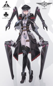 1girl absurdres ankle_boots black_gloves black_hat black_thighhighs bodysuit boots breasts chinese_commentary commentary_request full_body gloves hat high_heel_boots high_heels highres long_hair long_sleeves looking_at_viewer mechanical_arms medium_breasts original peaked_cap pink_eyes simple_background solo thighhighs white_background white_bodysuit white_hair youlan