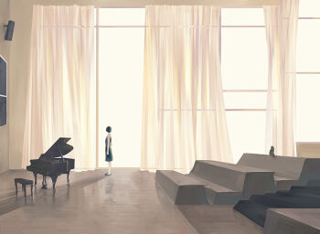 1girl auditorium bangqiao_yan black_dress black_hair bob_cut cat curtains dress full_body grand_piano indoors instrument original piano short_hair solo speaker standing wide_shot window window_light