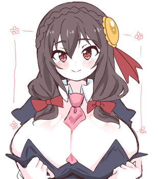 1girl :&gt; between_breasts black_dress blush bow breasts brown_hair closed_mouth dot_nose dress floral_background hair_between_eyes hair_bow hair_ornament highres huge_breasts kono_subarashii_sekai_ni_shukufuku_wo! long_hair looking_at_viewer meunkoyomi necktie necktie_between_breasts pink_necktie red_bow red_eyes simple_background smile solo upper_body white_background yunyun_(konosuba)