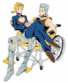 2boys amputee artificial_legs blonde_hair double_amputee eyepatch flattop giorno_giovanna grey_hair jean_pierre_polnareff jojo_no_kimyou_na_bouken multiple_boys prosthesis prosthetic_leg tnaym vento_aureo wheelchair