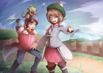 1boy 1girl angry armor boots brown_eyes brown_hair child dress fighting_pose flat_chest gen_8_pokemon gloria_(pokemon) grass grey_jacket grookey hat holding holding_shield holding_sword holding_weapon jacket leaves legs nature neck nintendo open_mouth outdoors pink_dress pokemon pokemon_(creature) pokemon_swsh road scorbunny shield short_hair shoulder_armor sky sobble socks standing sword tam_o&#039;_shanter victor_(pokemon) weapon