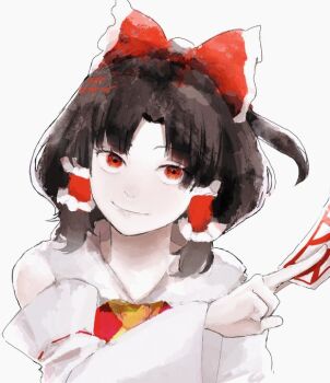 1girl ascot bare_shoulders bow brown_hair commentary detached_sleeves hair_tubes hakurei_reimu holding holding_ofuda ichi_(ki_splt) looking_at_viewer medium_hair ofuda parted_bangs ponytail red_bow red_eyes red_shirt shirt short_ponytail sleeveless sleeveless_shirt smile solo touhou upper_body white_background yellow_ascot