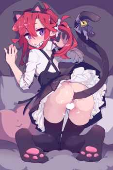 1girl absurdres against_wall anal anal_beads anal_object_insertion anal_tail animal_ears ass bell black_skirt black_thighhighs blush bow butt_plug cat_ears cat_tail censored collared_shirt criss-cross_suspenders facial_recognition fake_animal_ears fake_tail feet from_behind full_body grey_bow hair_between_eyes heart heart_censor highres imazawa indoors kneeling knees_together_feet_apart lilivia_(imazawa) long_hair long_sleeves looking_at_viewer looking_back no_panties object_insertion open_mouth original paw_shoes petticoat purple_eyes pussy red_hair shirt side_ponytail skirt sleeves_rolled_up solo suspender_skirt suspenders sweatdrop tail tail_bell tail_bow tail_ornament thigh_gap thighhighs underwear white_shirt