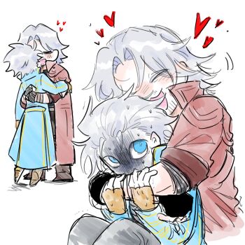 2boys beard_stubble black_gloves blue_coat blue_eyes brothers closed_eyes coat commentary dante_(devil_may_cry) devil_may_cry devil_may_cry_(series) devil_may_cry_3 devil_may_cry_5 facial_hair fufufuowo gloves hair_slicked_back heart highres hug hug_from_behind looking_at_another looking_back male_focus multiple_boys multiple_views open_mouth parted_hair popped_collar red_coat shoes siblings simple_background sitting sleeves_rolled_up stubble symbol-only_commentary time_paradox twins vergil_(devil_may_cry) white_background white_hair