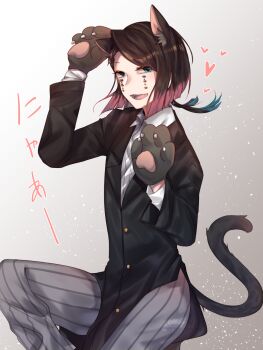 Rule 34 | 1boy, animal ear fluff, animal ears, animal hands, asymmetrical bangs, black jacket, black tail, buttons, cat ears, cat tail, colored tips, commentary, cowboy shot, demon boy, english commentary, enmu (kimetsu no yaiba), facial mark, fang, gloves, gradient background, grey background, grey pants, hands up, heart, highres, invisible chair, jacket, kimetsu no yaiba, knee up, long sleeves, looking at viewer, male focus, medium hair, meowing, multicolored hair, oliver romi, open mouth, pants, paw gloves, pinstripe pants, pinstripe pattern, sitting, smile, solo, sound effects, suit jacket, tail, tears facial mark, teeth, trap, undershirt, upper teeth only