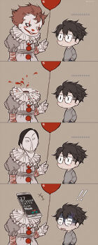 ! !! +++ ... 2boys 4koma artist_self-insert balloon black-framed_eyewear black_hair blood blush_stickers brown_hair cellphone closed_mouth clown comic commentary english_commentary english_text evil_grin evil_smile facepaint glasses gloves grey_shirt grin hand_up hands_in_pockets headless highres holding holding_balloon it_(stephen_king) kawacy layered_sleeves long_sleeves makeup male_focus multiple_boys neck_ruff original parted_lips pennywise phone puffy_short_sleeves puffy_sleeves sharp_teeth shirt short_over_long_sleeves short_sleeves sleeves_past_wrists smartphone smile striped sweat teeth turn_pale twitter_username white_gloves
