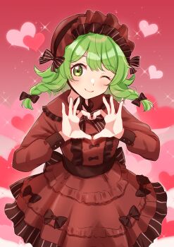 Rule 34 | 1girl, absurdres, artist request, bow, bowtie, closed mouth, dress, frilled dress, frilled sailor collar, frills, from above, green eyes, green hair, gumi, hair bow, hairband, heart, heart hands, highres, light blush, lolita fashion, lolita hairband, looking at viewer, official art, one eye closed, red background, red bow, red bowtie, red dress, red hairband, red ribbon, ribbon, sailor collar, second-party source, smile, solo, sparkle, striped bow, striped bowtie, striped clothes, valentine, vocaloid