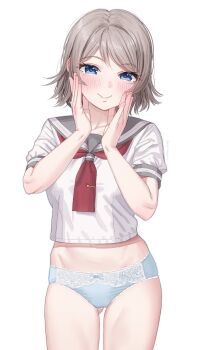 1girl blue_eyes blue_panties blush breasts brown_hair cameltoe dot_nose gluteal_fold grey_hair grey_sailor_collar hand_on_own_ear hands_on_own_face hands_up head_tilt highres lace lace_trim looking_at_viewer love_live! love_live!_sunshine!! medium_breasts midriff navel neckerchief necktie panties red_neckerchief sailor_collar school_uniform serafuku short_hair simple_background sleeve_cuffs smile solo stomach thighs tie_clip underwear upper_body watanabe_you wavy_hair white_background yonsi