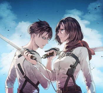 1boy 1girl bad_tag blue_eyes blue_sky breasts brown_hair brown_scarf cloud dress_shirt half-closed_eyes holding holding_sword holding_weapon incest levi_(shingeki_no_kyojin) long_sleeves medium_breasts mikasa_ackerman sakuragawanaa scarf shingeki_no_kyojin shirt short_hair sky sword three-dimensional_maneuver_gear upper_body weapon white_shirt