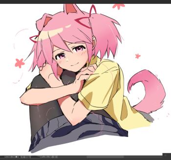 Rule 34 | 2girls, akemi homura, animal ears, art program in frame, ban45601, black pantyhose, blush, closed mouth, dog ears, dog girl, dog tail, female pov, kaname madoka, kemonomimi mode, looking at viewer, mahou shoujo madoka magica, mahou shoujo madoka magica (anime), multiple girls, pantyhose, pink eyes, pink hair, pov, shirt, short twintails, smile, tail, twintails, white background, yellow shirt, yuri